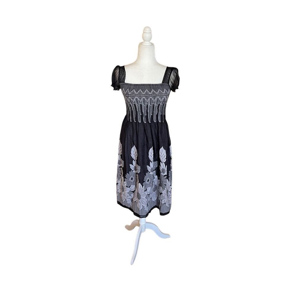 Lapis smocked midi black and white floral dress with sheer cap sleeves